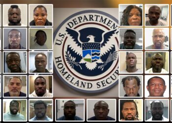 A collage of the 43 Liberians among the alleged worst of the worst criminals in the United States and the U.S. Department of Justice Homeland Security