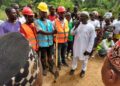 Community members and construction workers gather in Mannah Clan, Bomi County, as Alexander Jackson launches the US$15,000 Robertson Bridge project in Klay District.