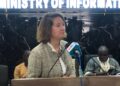 EU Ambassador Nona Deprez speaking at a Ministry of Information press briefing in Monrovia on EU trade and investment partnership with Liberia