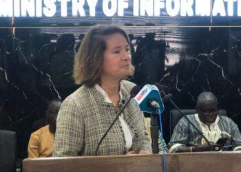 EU Ambassador Nona Deprez speaking at a Ministry of Information press briefing in Monrovia on EU trade and investment partnership with Liberia