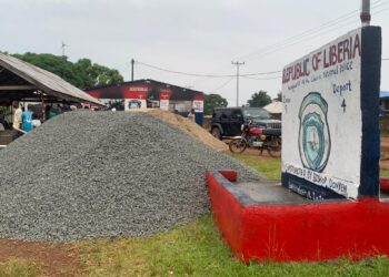 Construction materials donated by Rep. Sekou Kanneh at the burned Zone 9 Police Depot in Johnsonville