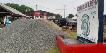 Construction materials donated by Rep. Sekou Kanneh at the burned Zone 9 Police Depot in Johnsonville