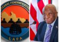 Liberia Artisanal Fishermen Association (LAFA) logo and President Joseph Nyuma Boakai featured in a graphic linked to the reduction of canoe license fees for artisanal fishers.