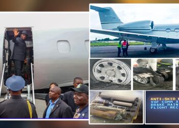 Composite image showing Liberia’s presidential aircraft and evidence from tyre failure investigation at Roberts International Airport