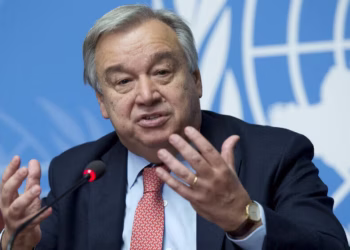 UN Secretary-General António Guterres speaking at the African Union Summit in Addis Ababa