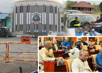 Security checkpoint and Senate session highlighting investigation into roadblocks across Liberia