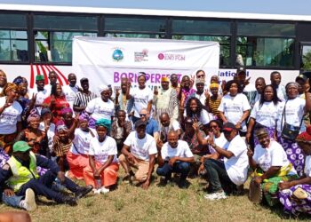 Campaigners, survivors and community leaders pose at the launch of the Born Perfect Stay Perfect anti-FGM awareness caravan in Liberia.