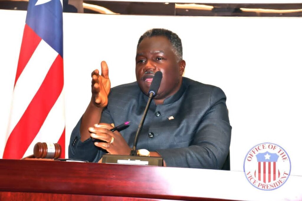 Vice President Jeremiah Koung presiding over the Liberian Senate while urging lawmakers to support tourism sector development.