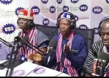 Nimba County traditional leaders speaking during Voice of Gompa radio broadcast