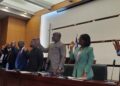 Liberian senators and government officials during a hearing on the Telecom International Alliance contract and alleged procurement violations.