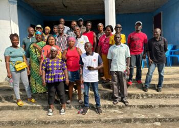 Community leaders pose for a group photo after a LESSAP stakeholder engagement meeting in District 17, Montserrado County, focused on electricity access and infrastructure protection.
