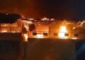 Fire damages commercial buildings on Broad Street in Gbarnga, Bong County, Liberia.