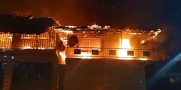 Fire damages commercial buildings on Broad Street in Gbarnga, Bong County, Liberia.