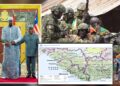 Composite image showing Liberia-Guinea border tensions and security concerns in West Africa.