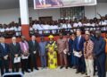 President Joseph Boakai with officials and students at school commissioning in Kakata, Margibi County.