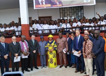 President Joseph Boakai with officials and students at school commissioning in Kakata, Margibi County.