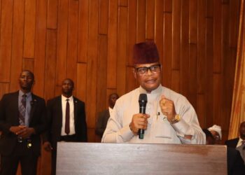 Liberia Mines and Energy Minister R. Matenokay Tingban speaking at a press briefing defending the ArcelorMittal Liberia concession deal.