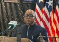 Liberia Transport Minister Sirleaf Tyler speaking at a press briefing on the traffic management reform.