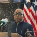 Liberia Transport Minister Sirleaf Tyler speaking at a press briefing on the traffic management reform.
