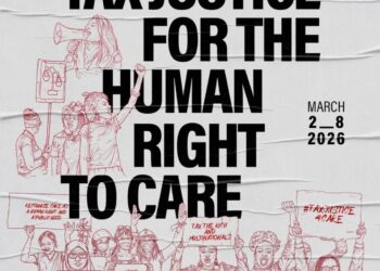 Campaign poster promoting tax justice for women’s rights during Global Days of Action organized by ActionAid and partners.