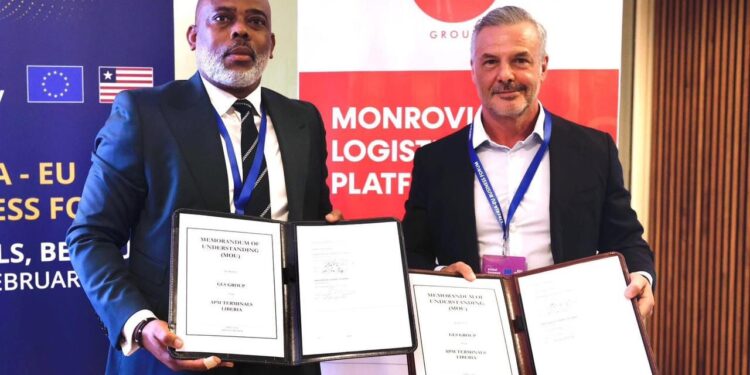 Officials from APM Terminals Liberia and GLS Group display signed agreements launching Liberia’s first Export Processing Center.