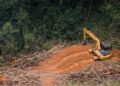 Excavator clearing land at mining site in Liberia forest area