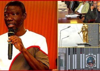 Composite image showing justice symbol, House proceedings, and Rep. Yekeh Kolubah amid expulsion controversy