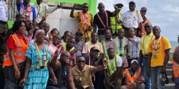 Officials and port workers at Harper Port during inspection visit by Liberia National Port Authority