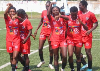 Shaita Angels players celebrate during Liberia Women’s League title race against Determine Girls