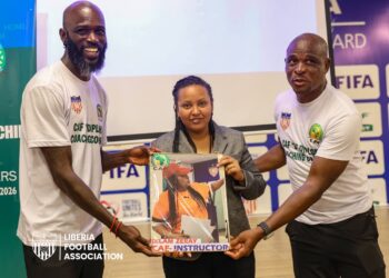 Anthony Laffor and Zah Krangar receive CAF License D coaching certificates during Liberia Football Association training
