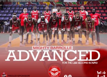 Mighty Barrolle basketball team lineup celebrating advancement to next round of Liberia Basketball Association First Division League