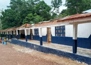 Damaged classrooms at Sroh Yoolah Public School in Nimba County after windstorm ripped off roof