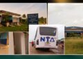 An abandoned National Transit Authority terminal in Bong County surrounded by overgrown bushes and deteriorating infrastructure.