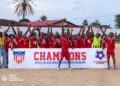 District 17 Academy players celebrate after winning the 2025-26 LFA Second Division League title in Liberia.