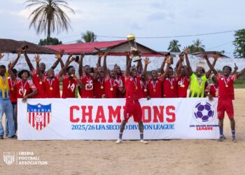 District 17 Academy players celebrate after winning the 2025-26 LFA Second Division League title in Liberia.