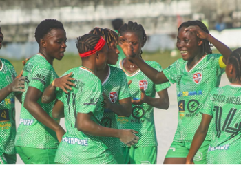 Players of Determine Girls FC celebrate after securing the Liberia Women’s League title following an LFA disciplinary ruling.