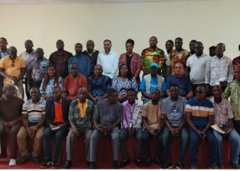 Liberian government officials attending a fiscal decentralization meeting in Cestos City, River Cess County