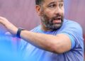 Liberia national team coach Mohammed Adil Erradi gestures from the touchline during a training session.