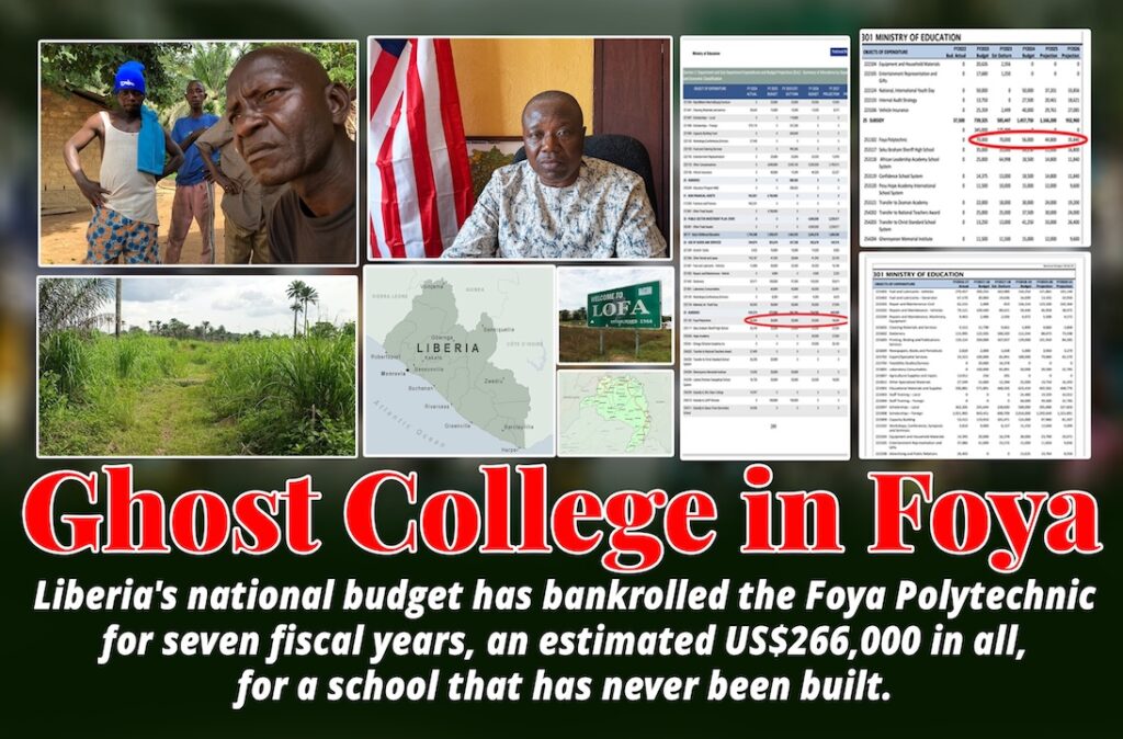Graphic highlighting the Foya Polytechnic investigation, including budget documents, community members and the proposed project site in Lofa County.