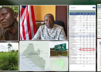 Graphic highlighting the Foya Polytechnic investigation, including budget documents, community members and the proposed project site in Lofa County.