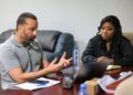 Youth and Sports Minister Cornelia Kruah meets with Lone Star head coach Mohamed Adil Erradi to discuss Liberia's AFCON 2027 qualification strategy.