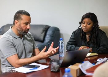 Youth and Sports Minister Cornelia Kruah meets with Lone Star head coach Mohamed Adil Erradi to discuss Liberia's AFCON 2027 qualification strategy.
