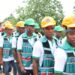 Graduates of River Gee Technical College wearing safety helmets and technical training uniforms during activities linked to the institution's first commencement program.