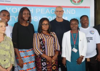 Participants and PeaceGen Liberia partners attend the 2026 Youth, Peace and Security Forum in Monrovia focused on youth leadership and peacebuilding.