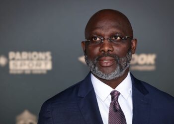 George Weah speaks during a FIFA panel discussion on combating hate speech and protecting football from discrimination.