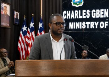 NWASHC Executive Director Morris G. Gono addresses a press briefing on water, sanitation and hygiene reforms in Liberia.