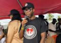 CDC stalwart Cllr. Garrison D. Yealue speaks to reporters during the party's 22nd anniversary celebration in Zwedru, Grand Gedeh County