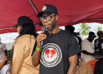CDC stalwart Cllr. Garrison D. Yealue speaks to reporters during the party's 22nd anniversary celebration in Zwedru, Grand Gedeh County
