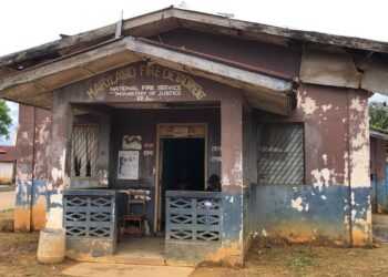 The deteriorating Liberia Fire Service station in Harper City, Maryland County, where officers say flooding and equipment shortages are hampering operations.