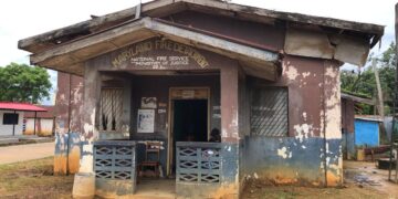 The deteriorating Liberia Fire Service station in Harper City, Maryland County, where officers say flooding and equipment shortages are hampering operations.